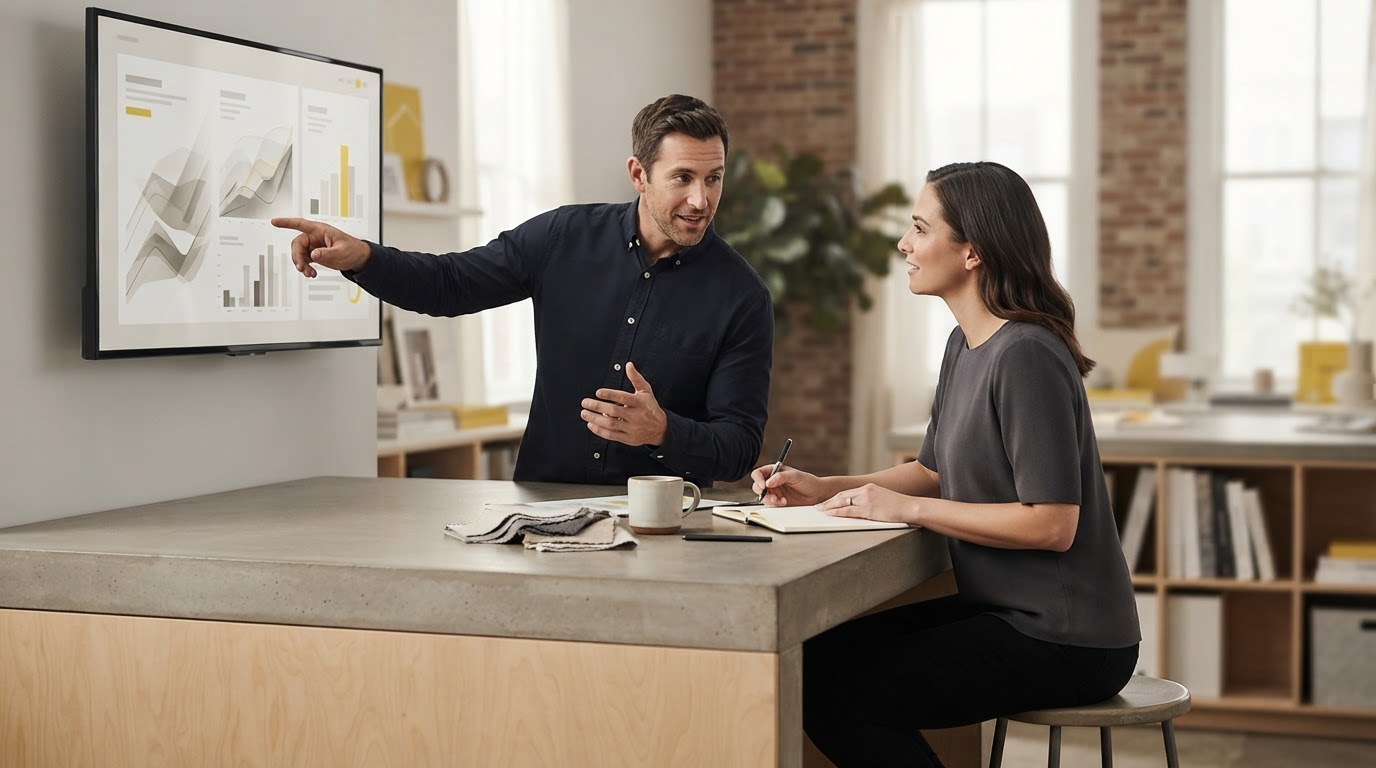 Mesa de trabalho com notebook e anotações sobre estratégia de conteúdo