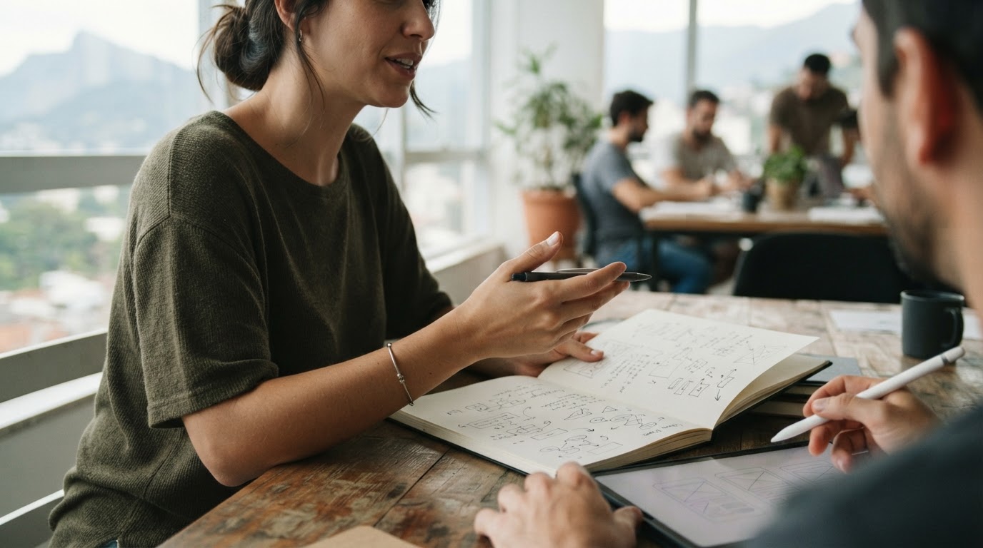 Notebook com interface de campanha de Google Ads em ambiente de escritório